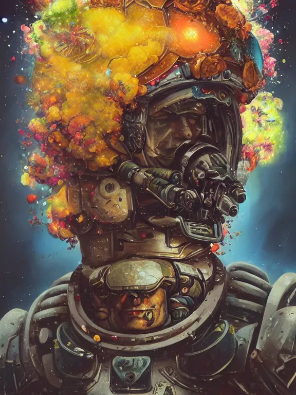 Prompt: art portrait of space marine with flower exploding out of head,8k,by tristan eaton,Stanley Artgermm,Tom Bagshaw,Greg Rutkowski,Carne Griffiths,trending on DeviantArt,face enhance,hyper detailed,minimalist,cybernetic, android, blade runner,full of colour,