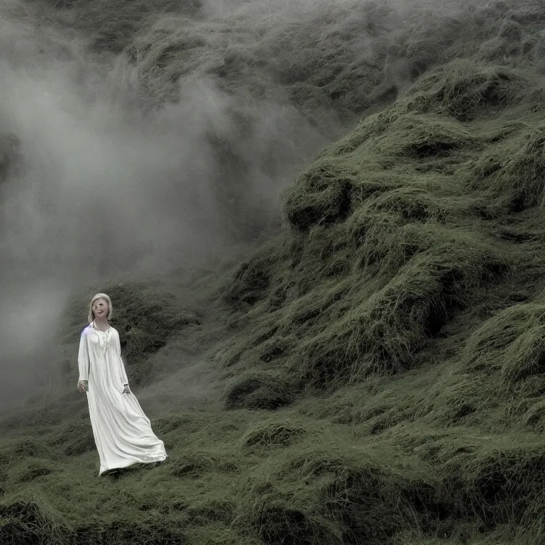 Image similar to bright and moody 1 9 7 0's artistic technicolor spaghetti western film, a large huge group of women in a giant billowing wide long flowing waving shining bright white dresses made of white smoke, standing inside a green mossy irish rocky scenic landscape, volumetric lighting, backlit, moody, atmospheric, fog, extremely windy, soft focus