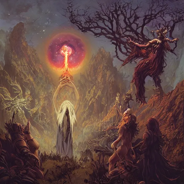 Image similar to a circle of druids conjuring the world into existence by greg rutkowski and frank frazetta and peter mohrbacher and william blake and dan mumford