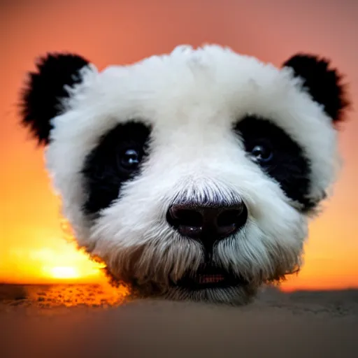 Image similar to a closeup photorealistic photograph of panda themed white bichon frise smiling on the beach at sunset. This 4K HD image is Trending on Artstation, featured on Behance, well-rendered, extra crisp, features intricate detail and the style of Unreal Engine.