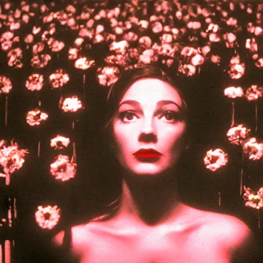 Image similar to movie still of the girl with the flowers head, cinematic composition, cinematic light, by david lynch, surrealist art