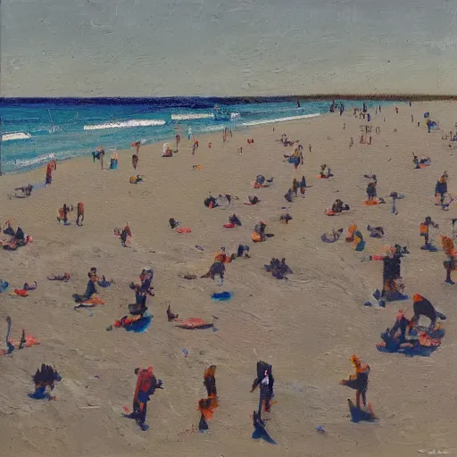 Image similar to a birdseye painting by Sally West of sparse people on a beach from high above, featured on tumblr, action painting, oil on canvas, painterly