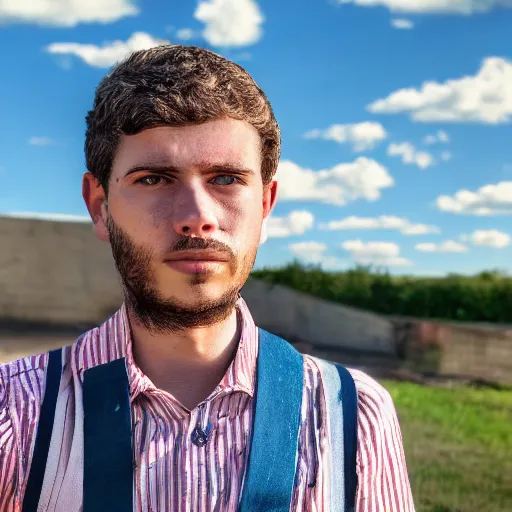 Image similar to Young man standing looking to the right in a red bandana, blue striped shirt, gray vest and a gun with a partly cloudy sky in the background. The young man is standing in front of an iron fence. Photograph. Real life