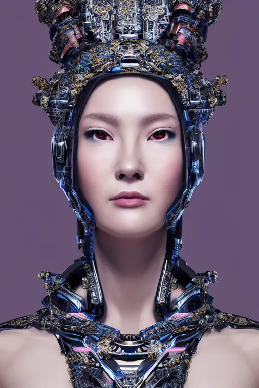 Image similar to a beautiful empress portrait, with a brilliant, impossible striking big cybernetic headpiece, cybernetic clothes, symmetrical, dramatic studio lighting, rococo, baroque, asian, hyperrealism, closeup, D&D, fantasy, intricate, elegant, highly detailed, digital painting, artstation, octane render, 8k, concept art, matte, sharp focus, illustration, art by Artgerm and Greg Rutkowski and Alphonse Mucha