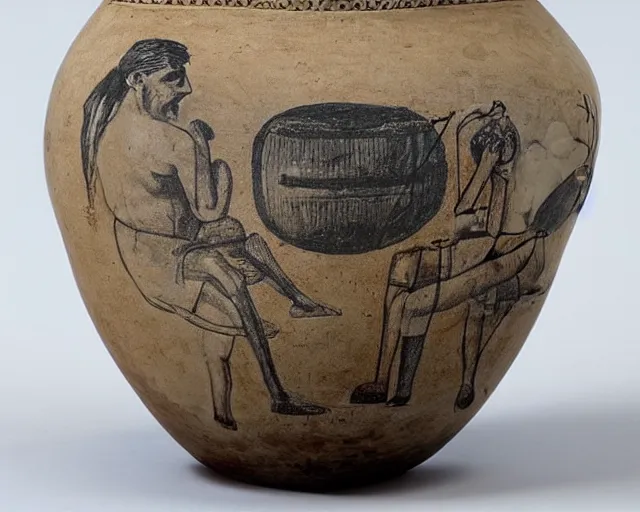 Prompt: a beautiful, ancient, greek amphora container, museum item, with drawings of french crossfiter with a moustache h 1 0 2 4