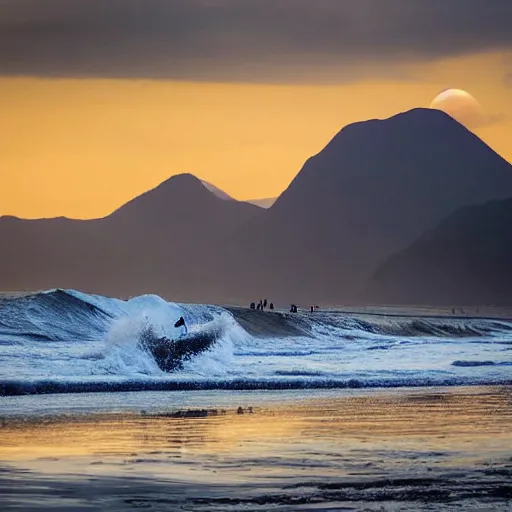 Image similar to A beach with mountains. The tallest peaks reach nearly to the sky. Ahead, in the distance, a blue-green sea stretches out for miles and miles until it fades into infinity. Surfers are riding the waves as they break against the shore. As the sun sets over the horizon, the light casts shadows across the water. A lone figure walks along the ocean's edge while looking at the distant land that lay beyond.