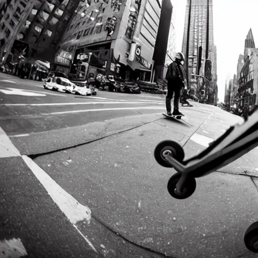 Prompt: dinosaur on a skateboard in new york city, fisheye lens