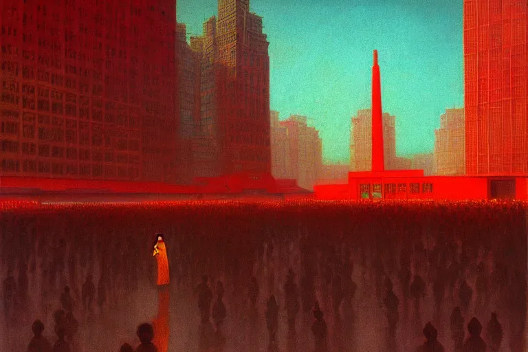 Image similar to top shot of a asian female standing center in the communist city square, crowd surround her, in the style of beksinski, parts by edward hopper, parts by rodcenko, parts by yue minjun, intricate and epic composition, insanely quality, highly detailed, masterpiece, red and yellow light, artstation, 4 k