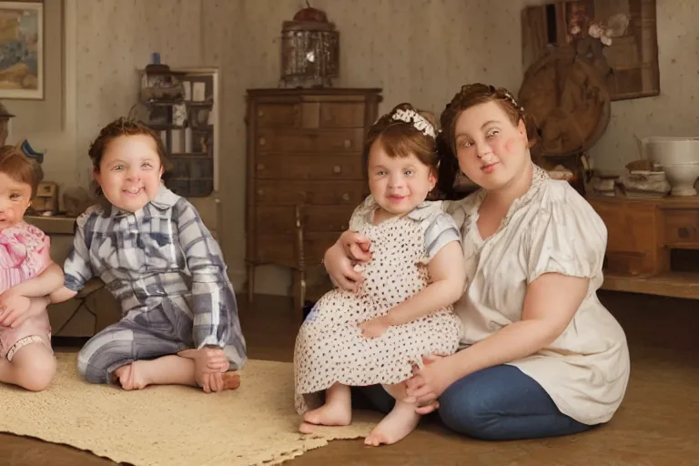 Image similar to charming and chubby family, wearing a polka dot cloths and a victorian - style hairdo on her head, sits in the large and bright studio. sunlight enters through the barred window. very realistic shiny skin. subsurface scattering shiny skin. beautiful lighting, 4 k post - processing, highly detailed, 5 k extremely detailed, 3 d. cinematic scene.