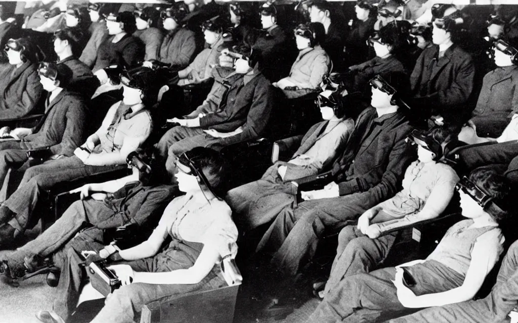 Image similar to 1 9 0 0 s photo of people using iphones ipods virtual reality headsets vr watching hd tv in a movie theater