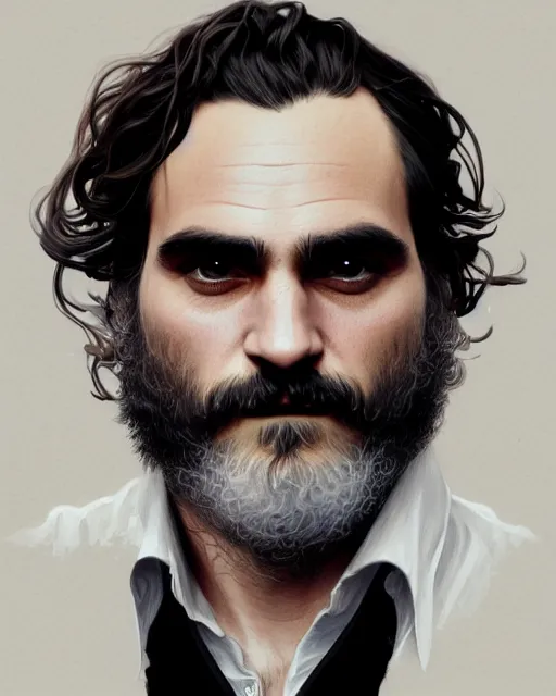 Image similar to painting of joaquin phoenix, decorated, intricate, elegant, highly detailed, digital painting, artstation, concept art, smooth, sharp focus, illustration, art by artgerm and greg rutkowski and alphonse mucha, 8 k