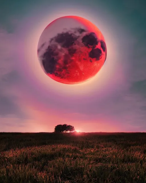 Prompt: the most beautiful sunset, giant pink full moon, a giant fluffy cloud morphing into a light great and red frog, coherent design, symmetrical, concept art, vivid color, complementary color, golden ratio, detailed, sharp lines, intricate, rainbowshift, by mc escher, by sahm, octane render