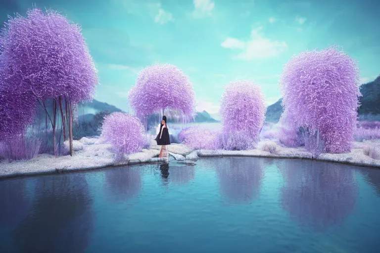 Prompt: perfume bottle standing on lilipads in a cool blue frosted pond, dramatic, mid day, frosty mountain background, soft lilac skies, large scale, hyperrealistic, lots of detail, realistic lighting, octane render, by wlop, artgerm, trending on artstation