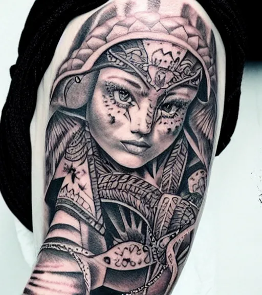 Prompt: tattoo design on white background of a beautiful girl warrior, hyper realistic, amazing detail, inspired by eliot kohek