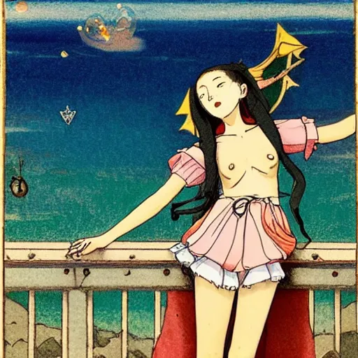 Image similar to A girl jester on the front of a Balustrade with a beach on the background, major arcana, a colab between studio ghibli and paul delaroche