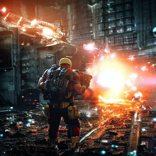 Image similar to Pikachu in Gears of War, splash art, movie still, cinematic lighting, dramatic, octane render, long lens, shallow depth of field, bokeh, anamorphic lens flare, 8k, hyper detailed, 35mm film grain