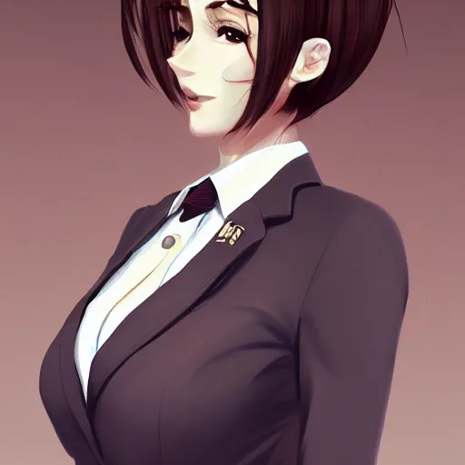 Image similar to woman in business suit, brown neat hair, animesque, pixiv, fanbox, trending on artstation, portrait, modern, sleek, highly detailed, formal, serious, determined, competent, colorized, smooth, charming, pretty, safe for work, big gooba