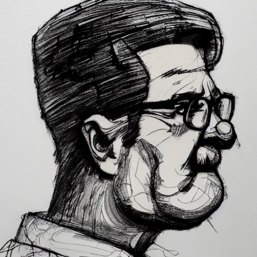 Prompt: a realistic yet scraggly portrait sketch of the side profile of a stern and sophisticated hank hill, trending on artstation, intricate details, in the style of frank auerbach, in the style of sergio aragones, in the style of martin ansin, in the style of david aja, in the style of mattias adolfsson