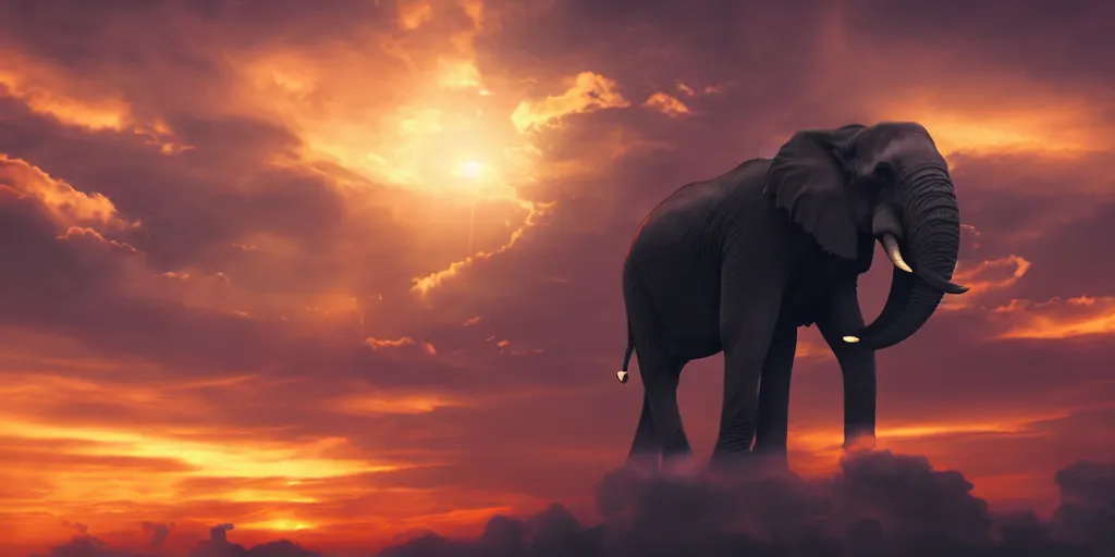 Image similar to an elephant flying over the clouds, sunset, moody, anime, cyberpunk