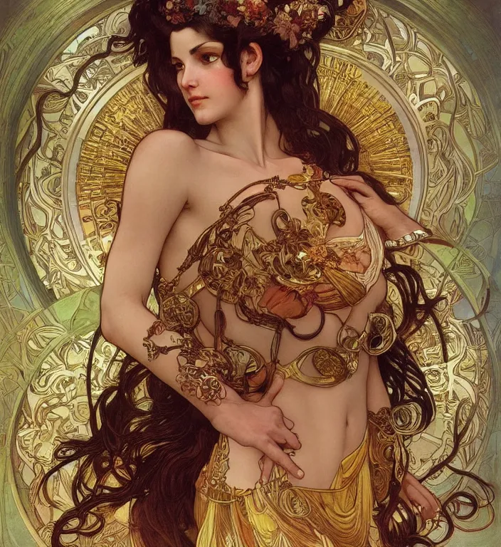 Image similar to unreal engine render + a goddess, smooth, coherent, high detailed, by Karol Bak outlines by Alphonse Mucha, featured on artstation, instagram HD, unreal engine