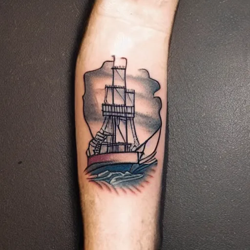 Image similar to a pirate ship sailing in the sea, realism tattoo design with amazing shades, clean white paper background, in the style of david vega