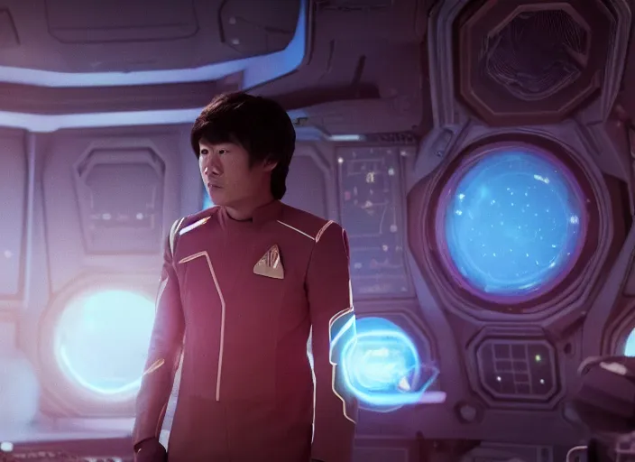 Prompt: Hiro Hamada plays as captain in Star Trek Discovery, engine room and warp core in the background, 35mm photography, highly detailed, cinematic lighting, 4k