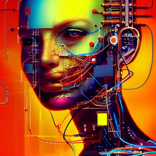 Prompt: portrait of computer & circuits, melting, google, 8 k, by tristan eaton, stanley artgermm, tom bagshaw, greg rutkowski, carne griffiths, ayami kojima, beksinski, giger, trending on deviantart, face enhance, hyper detailed, minimalist, cybernetic, android, blade runner, full of colour, super detailed