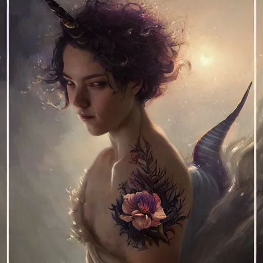 Image similar to portrait of beautiful woman with short curly brown hair, tattoo of unicorn and mermaid, intricate, flowers, mythical, oil painting, Tooth Wu, Greg Rutkowski, RPG, dynamic lighting, fantasy art, High contrast, depth of field