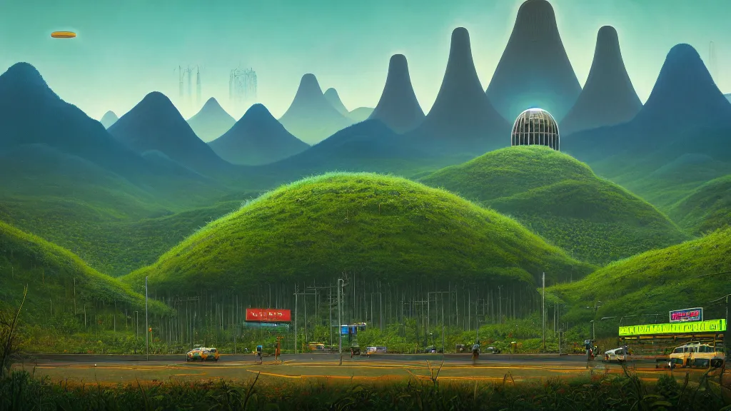 Prompt: Nuclear Nature Solarpunk harmony; the mountains and city of Quito are towered over by giant nuclear power plants covered with foliage; by Simon Stålenhag, oil on canvas; Art Direction by James Cameron; 4K, 8K; Ultra-Realistic Depth Shading