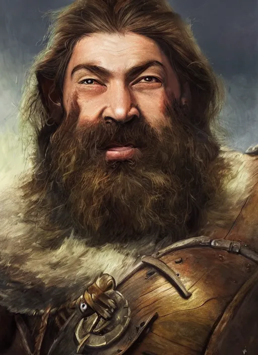 Image similar to A hyperrealistic fantasy portrait painting of a male dwarf on the battlefield