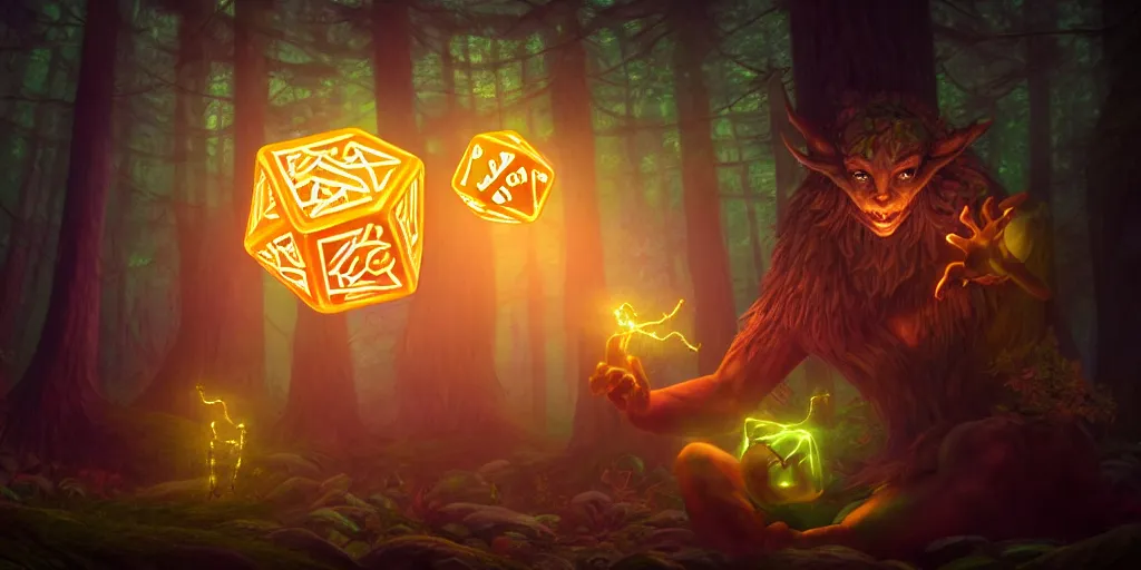 Image similar to a curious, mythical forest spirit rolling a six - sided dice, d 6 dice, glowing energy, fantasy magic, by willian murai and jason chan, fantasy, dramatic lighting, golden ratio, sharp focus