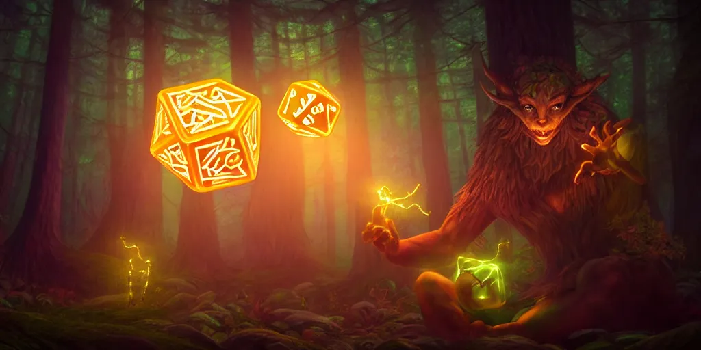 Prompt: a curious, mythical forest spirit rolling a six - sided dice, d 6 dice, glowing energy, fantasy magic, by willian murai and jason chan, fantasy, dramatic lighting, golden ratio, sharp focus