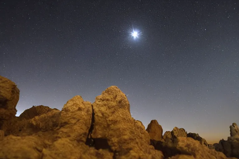 Prompt: the moon is breaking apart, fiery meteors light the night sky