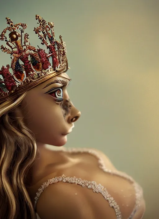 Image similar to closeup face profile portrait of a tin toy cara delevingne as a fairytale princess wearing a crown, bikini, depth of field, zeiss lens, detailed, symmetrical, centered, fashion photoshoot, by nicoletta ceccoli, mark ryden, lostfish, breathtaking, 8 k resolution, extremely detailed, beautiful, establishing shot, artistic, hyperrealistic, octane render