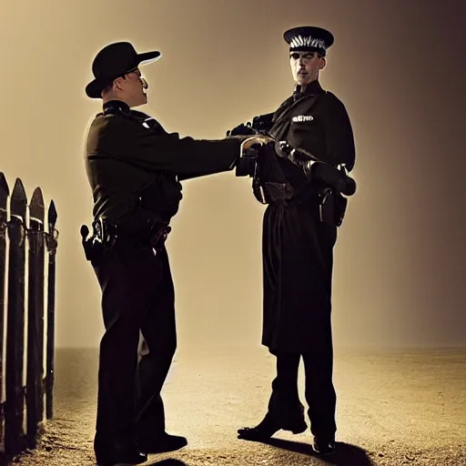 Image similar to Photograph of a man dressed as a London police inspector with a stern look. He is pointing his handgun towards a frightened young man with long hair against a stone wall. 4K, dramatic lighting
