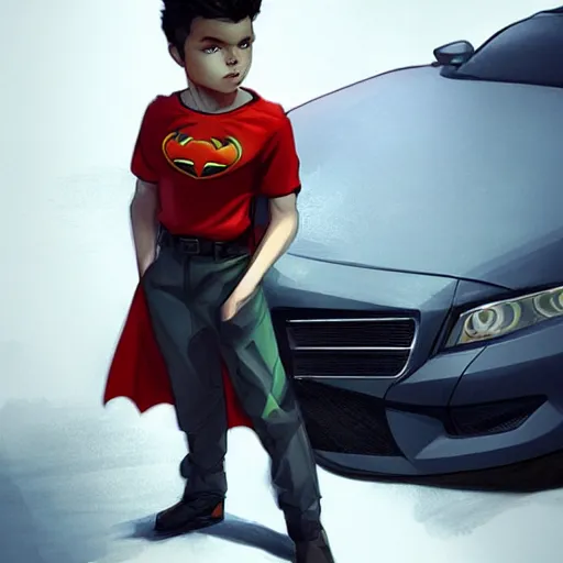 Prompt: damian wayne standing next to a car, handsome, highly detailed, artstation, by Charlie bowater