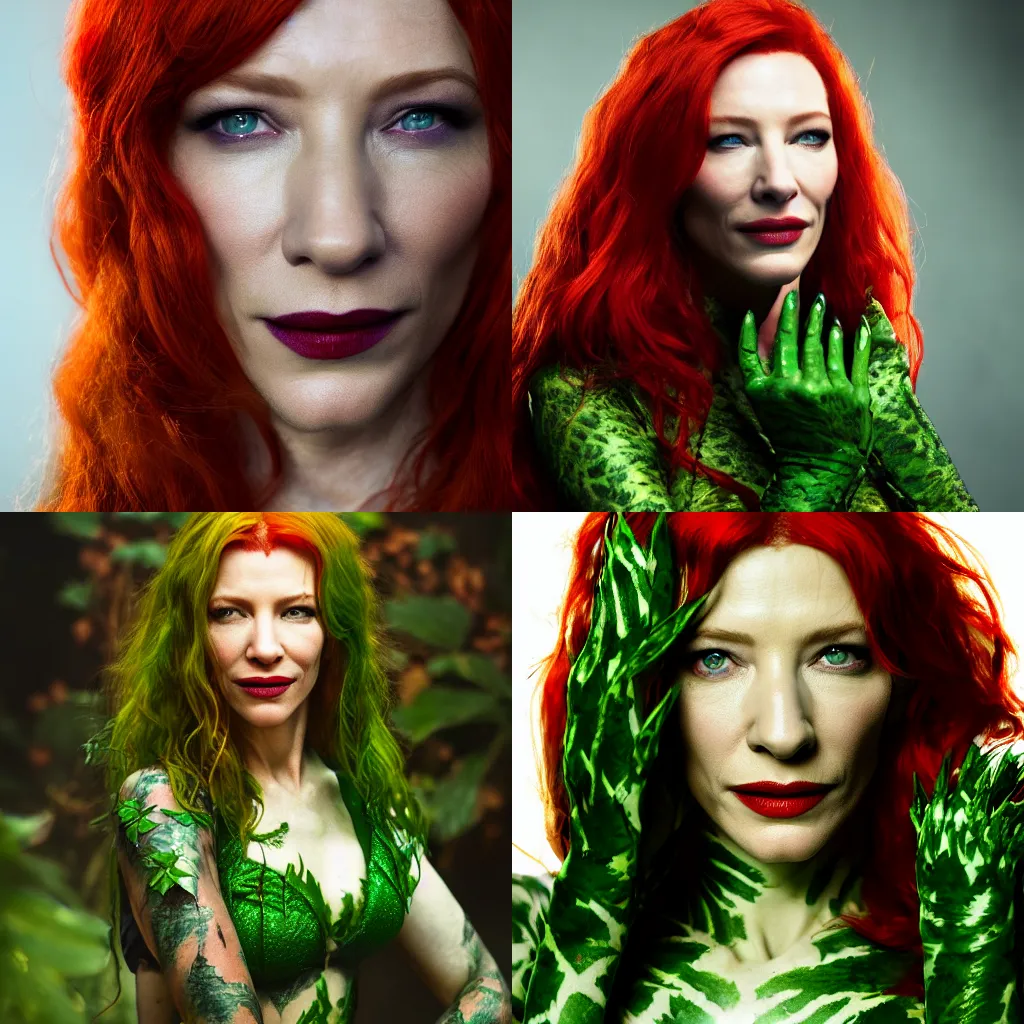 Prompt: A photographic portrait of Cate Blanchett as Poison Ivy, canon 50mm, cinematic light, trending on artstation.