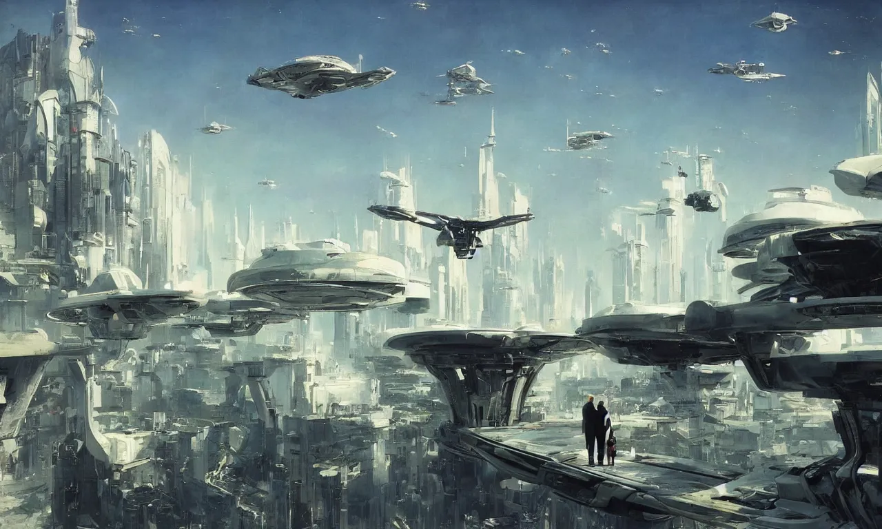 Image similar to gorgeous sci fi imagery | brutalist architecture | landing spot | space and city flying craft | futuristic | beautiful couple in the foreground heading to their hovering transport | futurism | modern couple | futuristic cityscape in the background | medium angle | by john berkey, greg rutkowski, james gurney