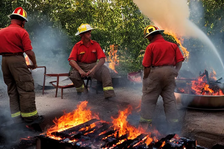 Image similar to closeup potrait firefighters having a barbecue in front of a house fire, natural light, sharp, detailed face, magazine, press, photo, Steve McCurry, David Lazar, Canon, Nikon, focus