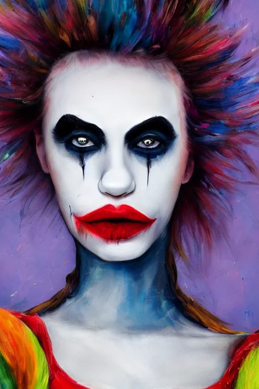 Image similar to detailed painting of a pale clown girl with messy make up