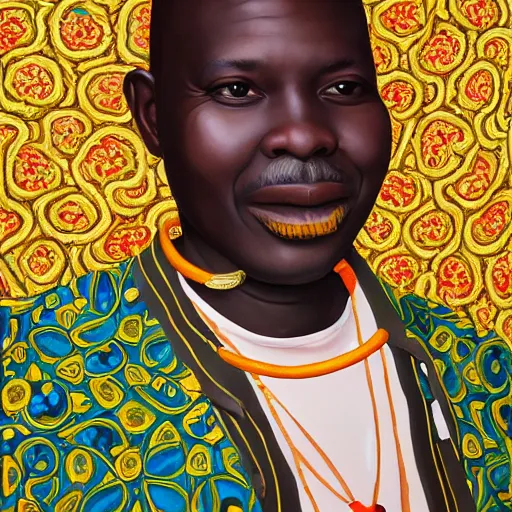 Image similar to a painting of a round face, XXL , smiley, Loving, caring, generous, ever-present, humble, wise elder from Kenya in a suit by Kehinde Wiley . Fatherly/daddy, focused, loving, leader, relaxed,. ethereal lights, details, smooth, sharp focus, illustration, realistic, cinematic, artstation, award winning, rgb , unreal engine, octane render, cinematic light, macro, depth of field, blur, red light and clouds from the back, highly detailed epic cinematic concept art CG render made in Maya, Blender and Photoshop, octane render, excellent composition, dynamic dramatic cinematic lighting, aesthetic, very inspirational, arthouse.