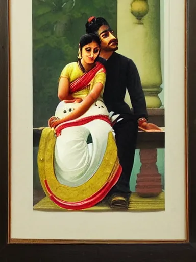 Image similar to water color painting, artwork by raja ravi varma, of a solo individual portrait of a guy and a girl in love, dapper, simple illustration, nostalgic, in love, full of details