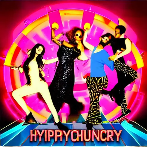 Prompt: hyperpop funny funky dance nightclub album cover in the craze of the night in vegas