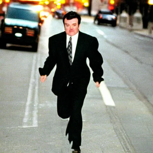 Image similar to 1 9 9 7 nathan lane wearing a black suit and necktie running down the streets of chicago at night.