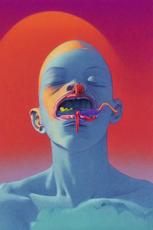 Prompt: a colorful vibrant closeup portrait of a haute couture model licking a tab of lsd acid on his tongue and dreaming psychedelic hallucinations, by kawase hasui, moebius, edward hopper and james gilleard, zdzislaw beksinski, steven outram colorful flat surreal design, hd, 8 k, artstation