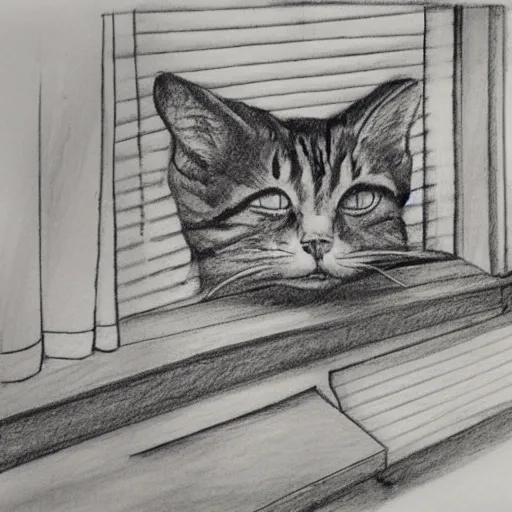 Image similar to a tabby cat named clarence laying on a table looking out the window, it is a sunny day, in the style of a hand drawn pencil sketch