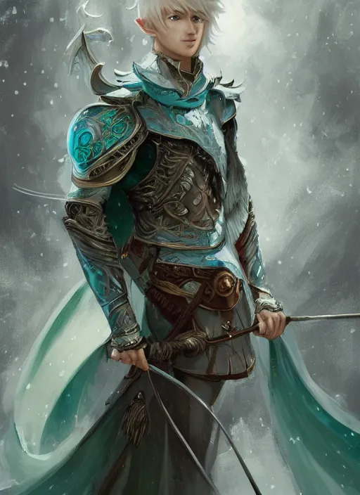 Prompt: portrait of a handsome male snow elf in a turquoise cape and silver ornate armour as an archer, albino skin, winter vibes, perfect face, elegant, very coherent symmetrical artwork, atmospheric lighting, rule of thirds, by wenjun lin, krenz cushart, charlie bowater, trending on artstation