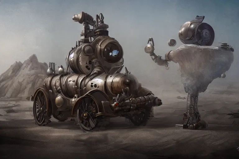 Image similar to a steam powered robot car, out in the desert, fantasy, dark, steam punk , artstation, concept art, smooth, sharp focus, illustration,