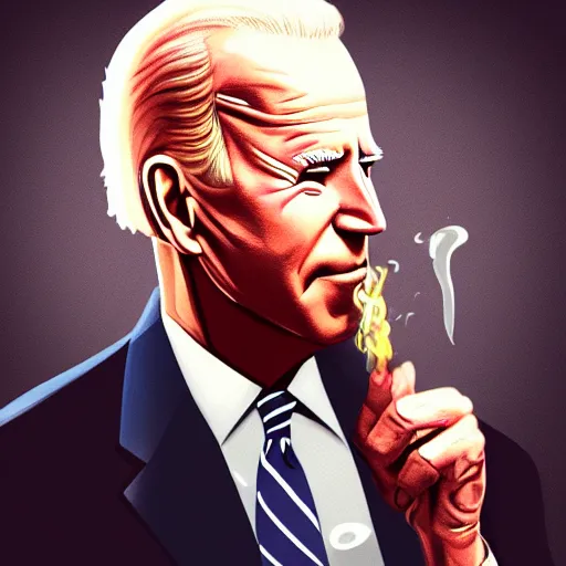 Image similar to joe biden holding a giant smokey joint while sitting on a couch in a messed up apartment, stoned eyes, smoke, beautiful digital art, amazing detail, artstation, award winning, sharp