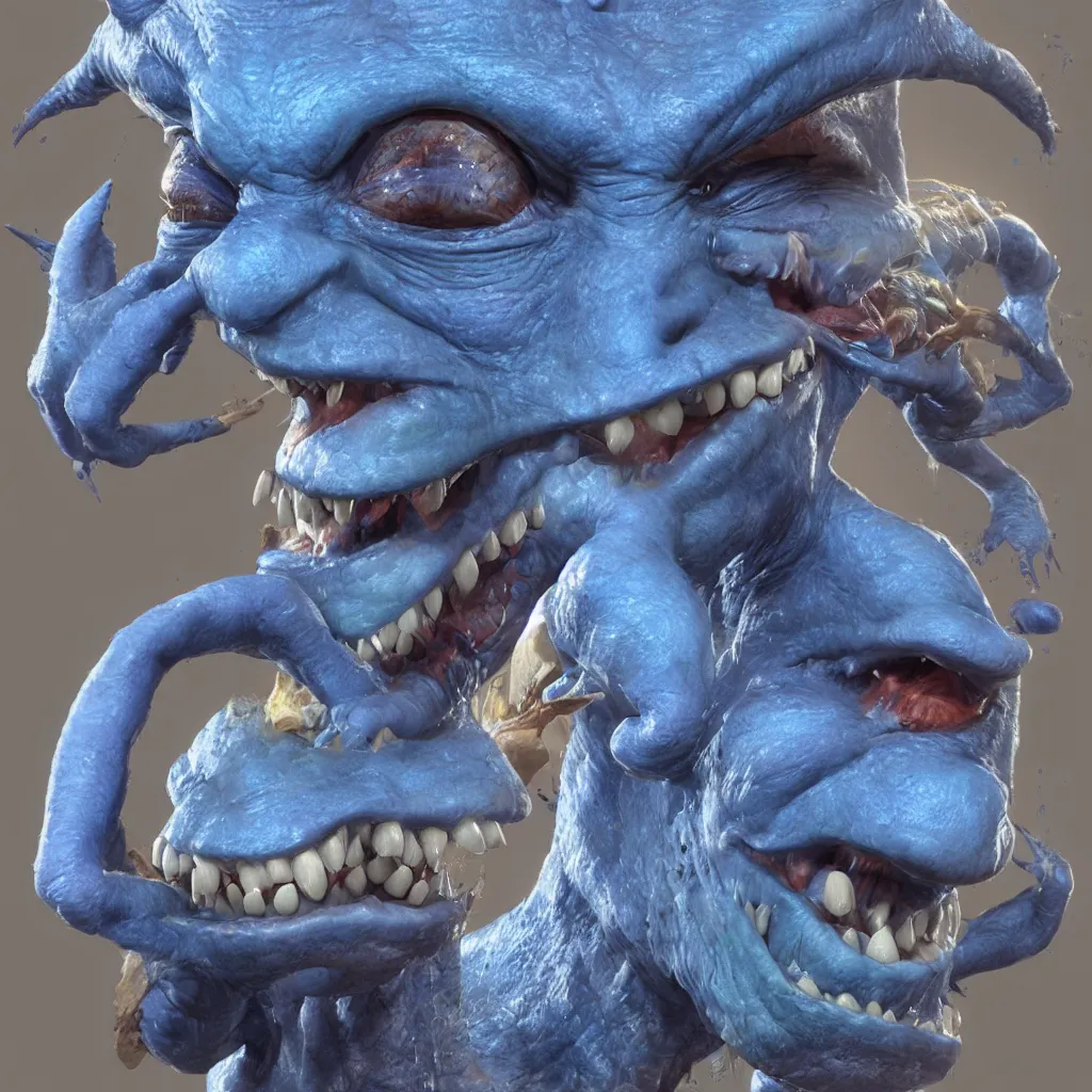 Image similar to a beautiful portrait of a happy blue goblin creature with a paint brush by james gurney | unreal engine :. 3